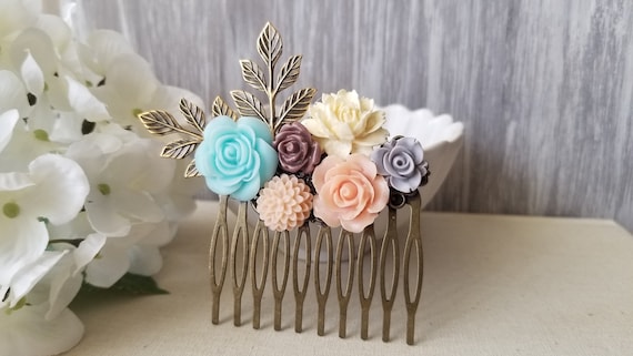 Vintage Style Bronze Floral Hair Comb, Rose Flowers, Blue  display picture 3