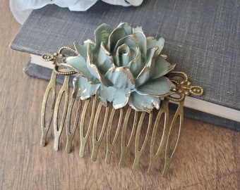 Vintage Style Sage Green Rose Floral Hair Comb in Bronze