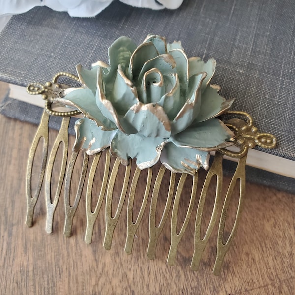 Vintage Style Sage Green Rose Floral Hair Comb in Bronze