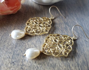 Gold filigree earrings, Medallion, Pearl Drop Statement Dangle boho Bridal, gift for her