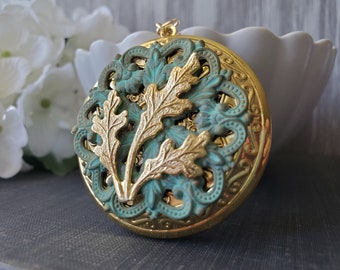 Vintage Style Oak Branch Locket in Gold with Aqua Patina Finish  Woodland Gift