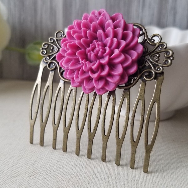 Vintage Style Orchid Purple Dahlia Floral Hair Comb in Bronze