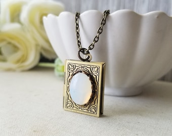 Book Locket Necklace in Brass with White Moonstone Cabochon