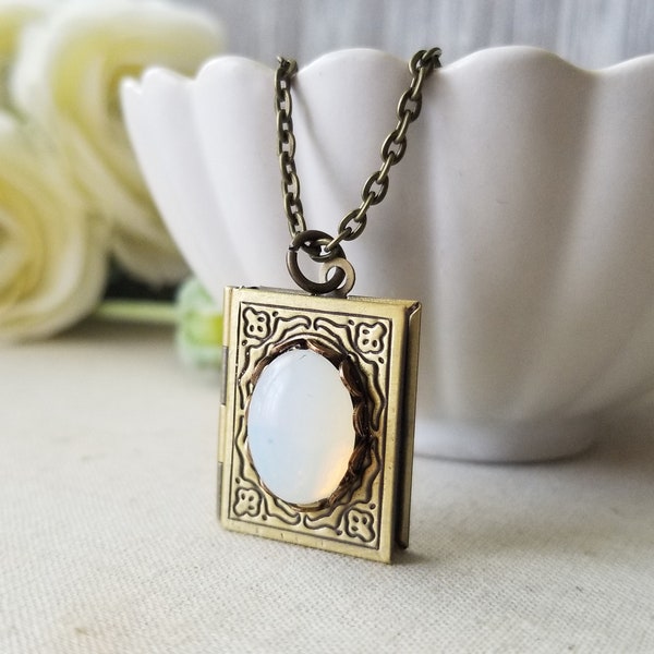 Book Locket Necklace in Brass with White Moonstone Cabochon