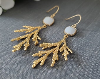 Cypress Branch and Glass Dangle Statement Earrings in Gold