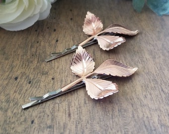 Rose Gold Leaf Branch Bobby Pins, Woodland hair accessories, gift for her