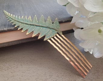 Fern Leaf Hair Comb in Green Patina Finish, Woodland Hair Accessories Gift for Her