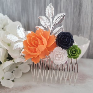 Flower hair comb, Fall Autumn Orange Yellow and Navy Rose Floral formal wedding
