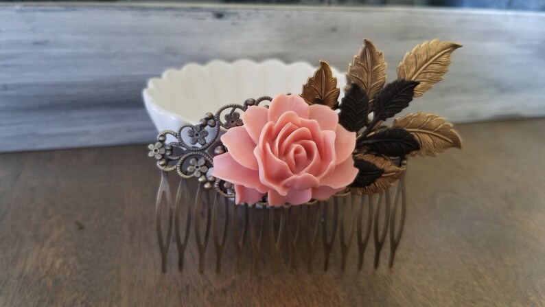 Vintage Style Bronze Hair comb Peach Garden Rustic Wedding Rose Flower