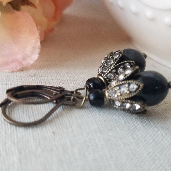 Vintage Style Black Pearl and Rhinestone Dangle Earrings in Bronze