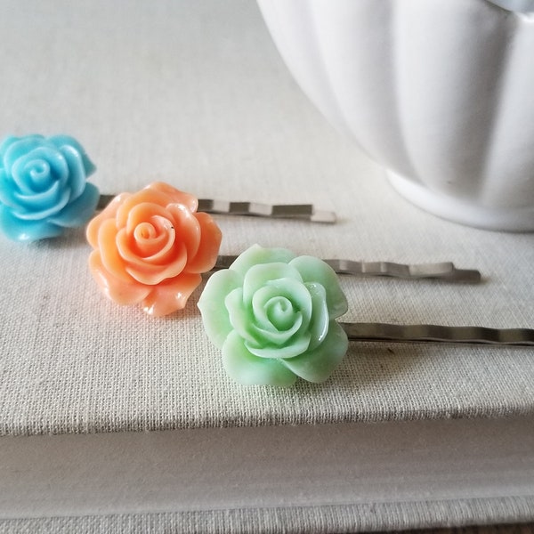 Flower Hair Pin set Accessories bobby pins silver floral mint, orange, blue gift for her