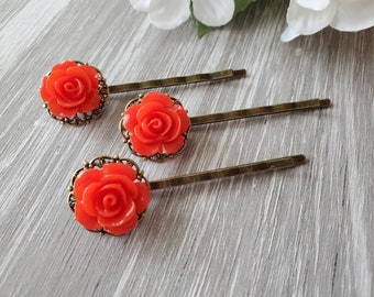 Rose Hair Pin set Accessories bobby pins in bronze, floral red gift for her