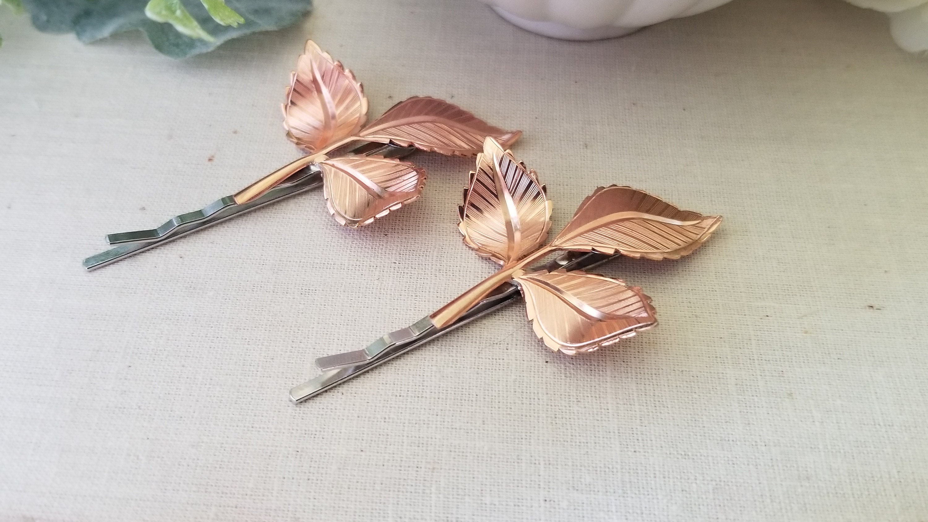 Rose Gold Metal Leaf & Branch Bobbies Pins Rose Gold Leaf Branch Bobby Pins, Woodland Hair Accessories  main image 3