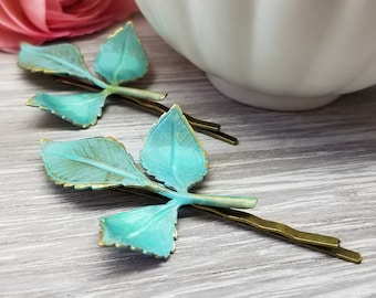 Aqua Patina Leaf Branch Bobby Pins, Woodland hair accessories gift for her