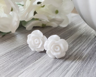 Rose Stud Earrings in Matte White