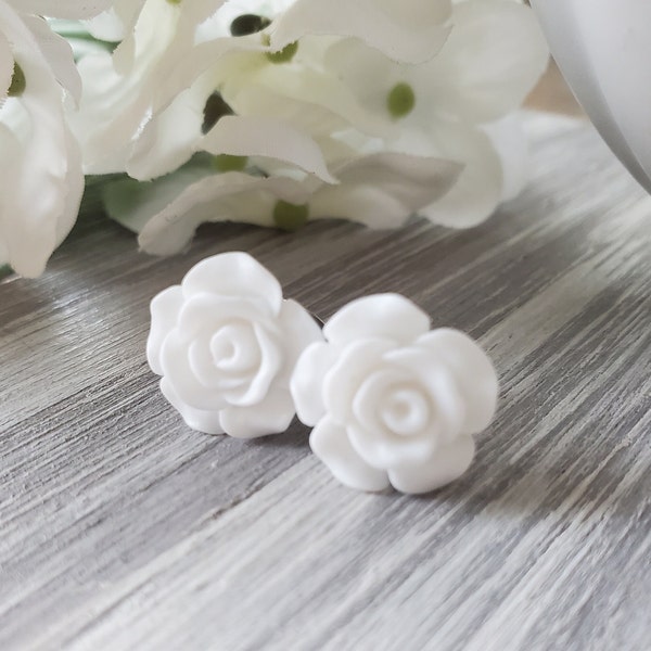 Rose Stud Earrings in Matte White