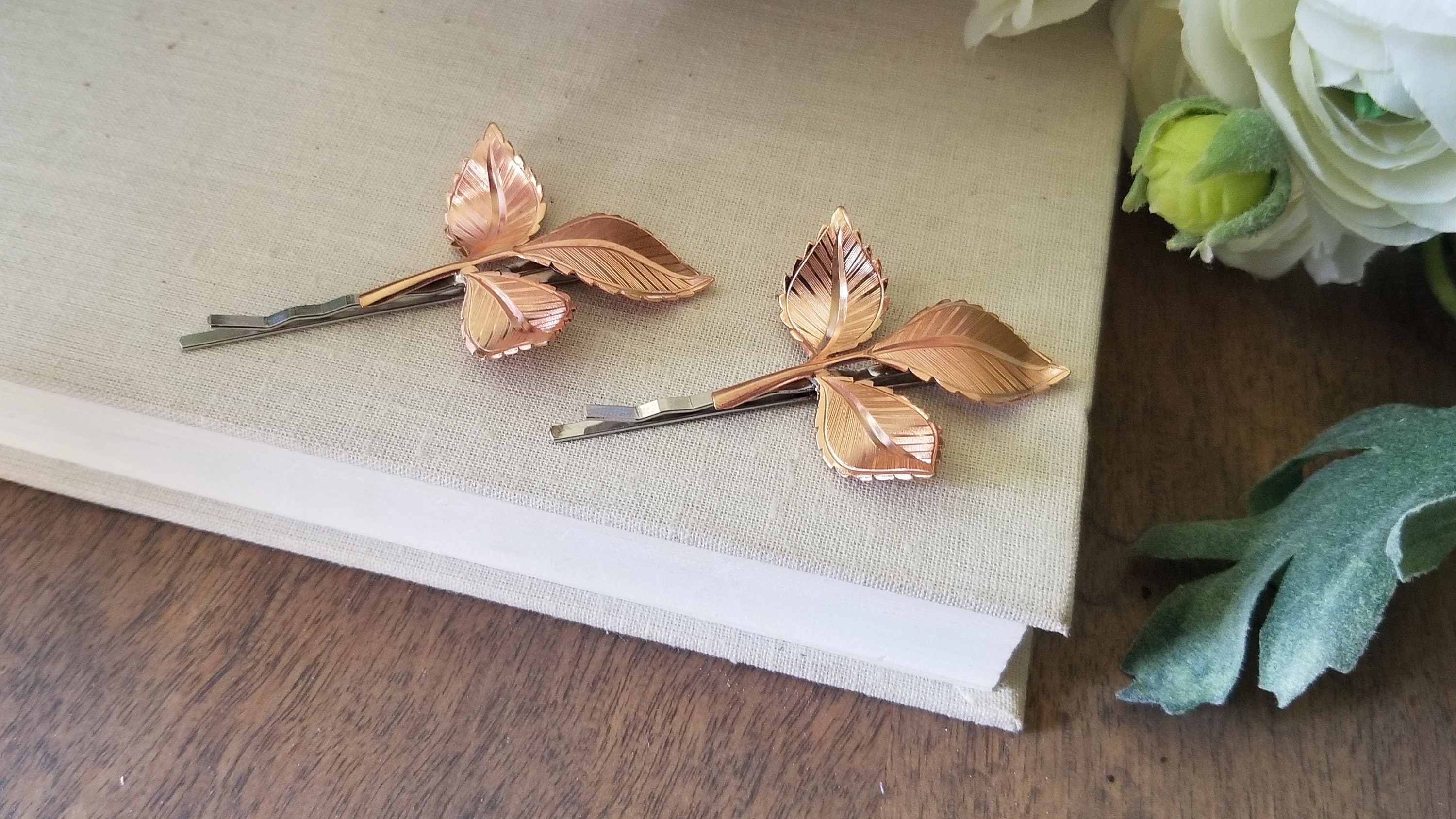 Rose Gold Leaf Branch Bobby Pins, Woodland Hair Accessories 