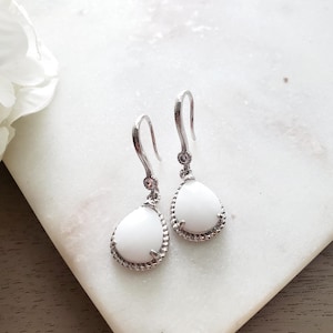 Opaque White Crystal Cubic Zirconia Teardrop Earrings in Silver