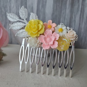 Pink and Yellow Rose Floral Comb in Silver