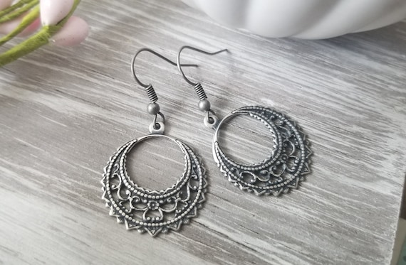Vintage Style Bohemian Filigree Earrings in Antique Silver