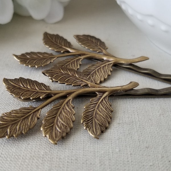 Bronze Leaf Branch Bobby Pins, Woodland hair accessories, gift for her