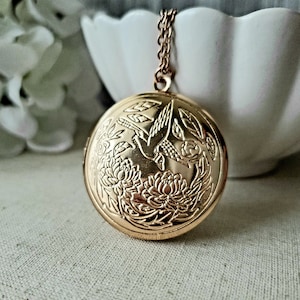 Vogel und BlumenMedaillon Halskette in Roségold, Andenken Geschenk für Sie