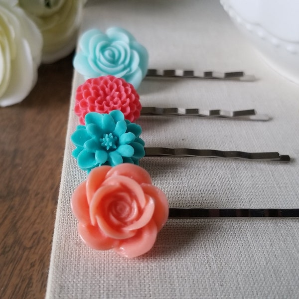 Coral and Teal Flower Bobby Pin Set in Silver peach and blue rose floral gift for her