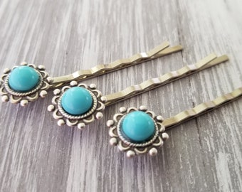 Southwest Turquoise Bobby Pin Set in Silver