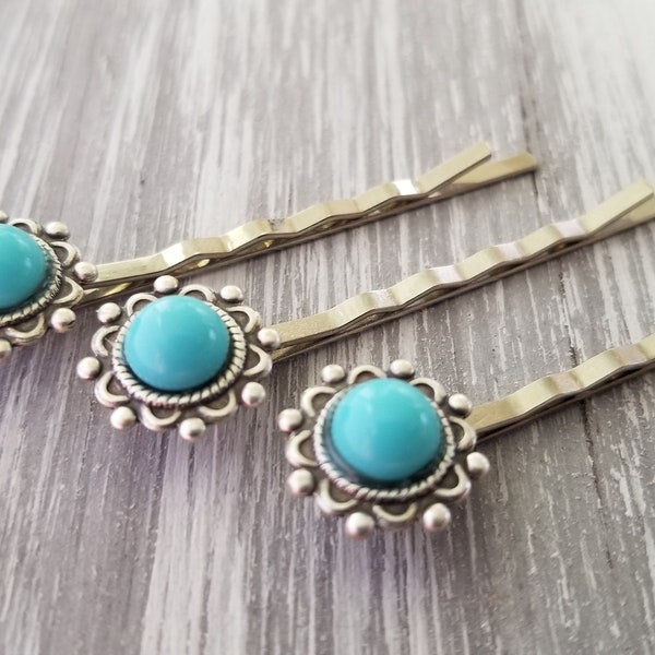 Southwest Turquoise Bobby Pin Set in Silver