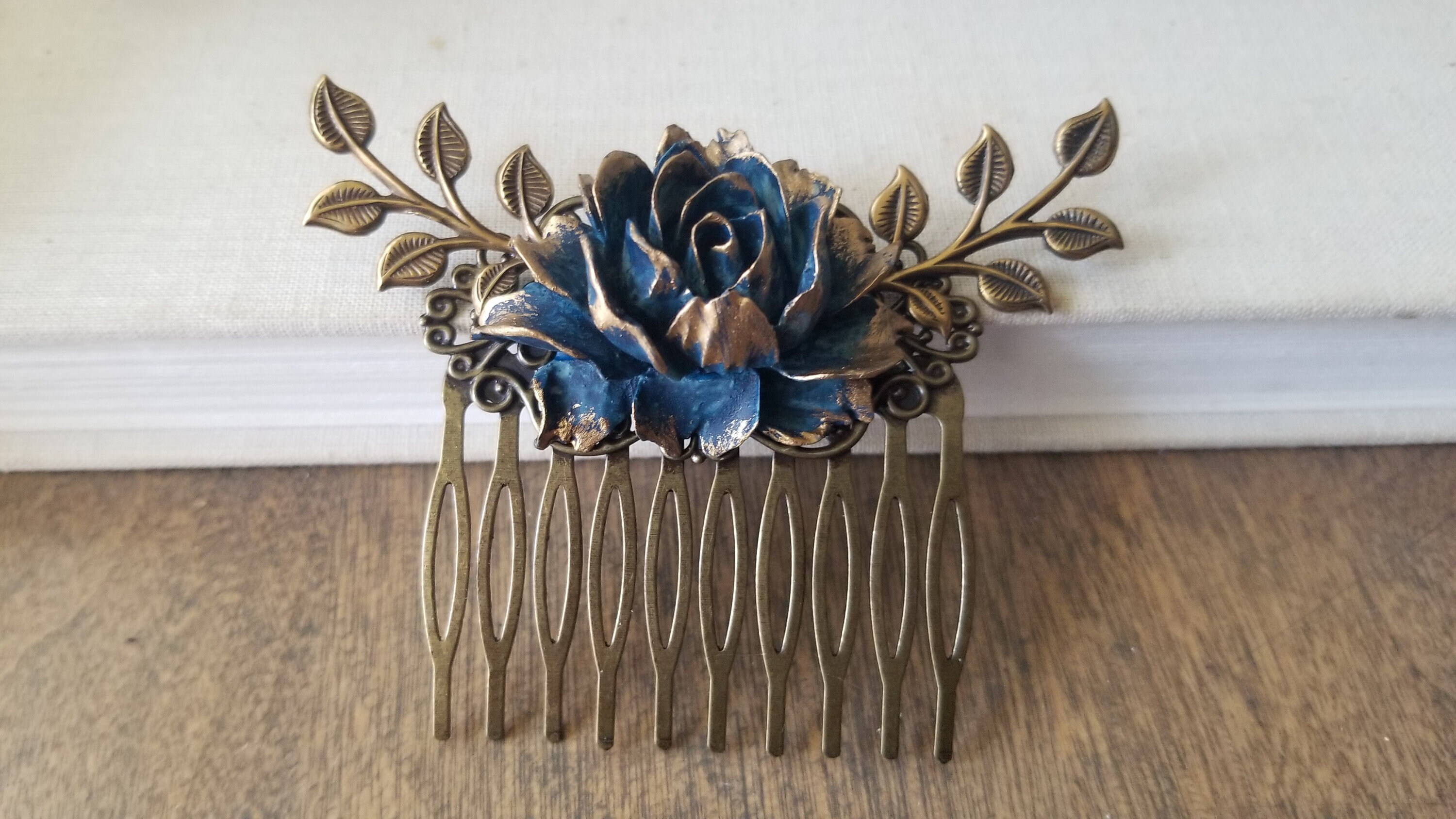 Vintage Style Bronze Hair Comb Navy Blue and Gold Rustic Etsy