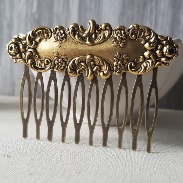 Embossed Floral Vintage Style Hair Comb in Antique Gold