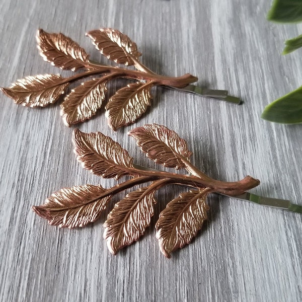 Rose Gold Leaf Branch Bobby Pins, Woodland hair accessories, gift for her