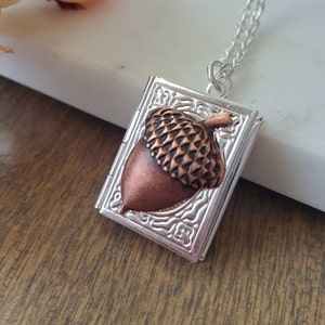 Book Locket Necklace in Silver with Copper Acorn