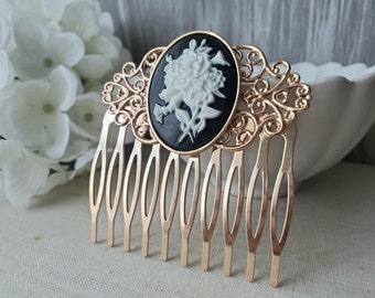 Vintage Style Floral Cameo Hair Comb KC Gold