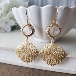 Gold Filigree Dangle Earrings with Clear Faceted Glass