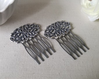 Vintage Style Filigree Hair Comb Set in Antique Silver