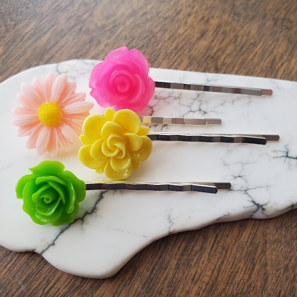 Pink, Yellow, and Green Flower Bobby Pin Set in Silver Floral gift for her