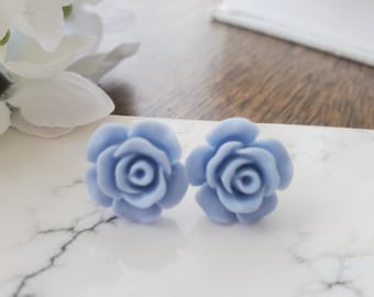 Rose Stud Earrings in Matte Light Blue