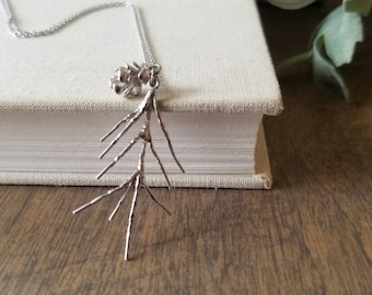 Pine Branch and Cone Necklace Silver Rhodium Abstract Pendant