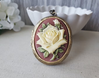 Cream Rose Floral Cameo Locket in Bronze