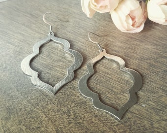 Silver Moroccan Statement Dangle Earrings, 18k white gold finish, Marquise Geometric