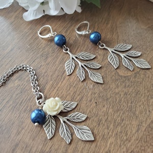 Blue Pearl Branch Necklace and Earrings Set in Silver