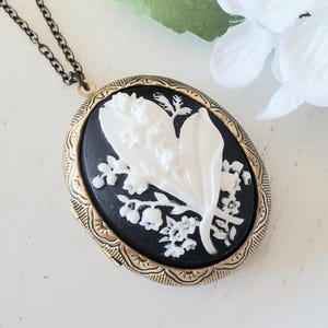 Black and White Floral Cameo Locket in Bronze