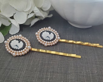 Vintage Style Crystal Cameo Hair Pin Set in Gold