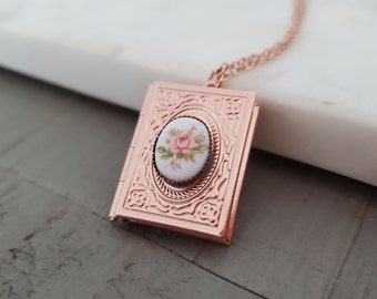 Book Locket Necklace in Rose Gold with Rose Cabochon