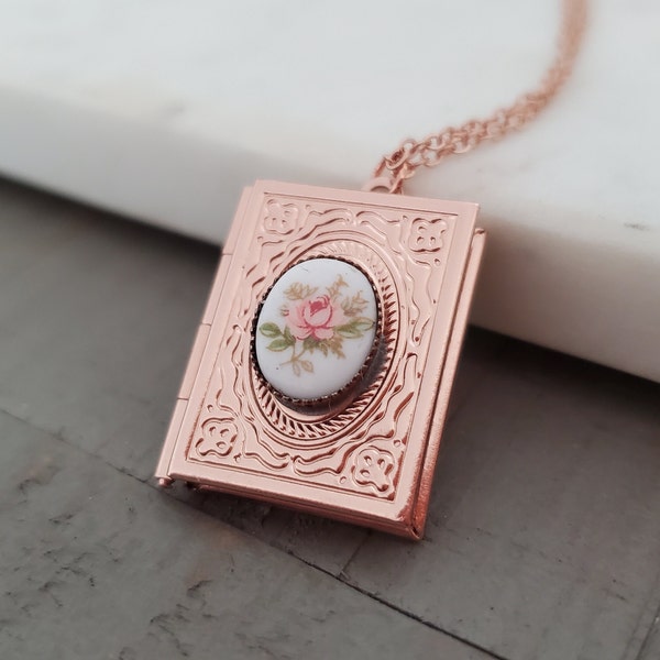 Book Locket Necklace in Rose Gold with Rose Cabochon