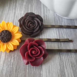 Flower Hair Pin set Accessories bobby pins floral burgundy sunflower gift for her