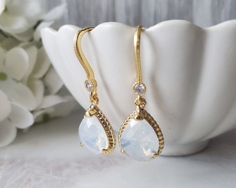 Opal Moonstone Crystal Teardrop Earrings in Gold