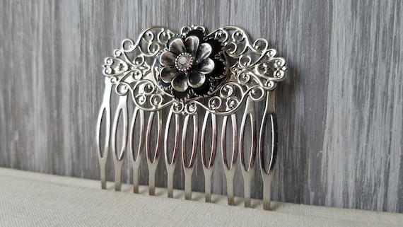 Vintage Silver & Black Rhinestone Hair Combs s-l400.jpg main image 4