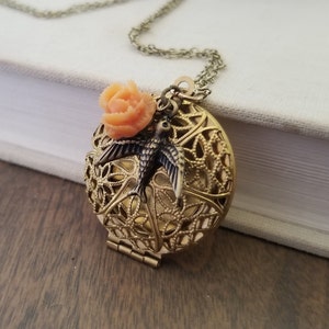 Filigree Locket Necklace in Brass with Bird and Flower